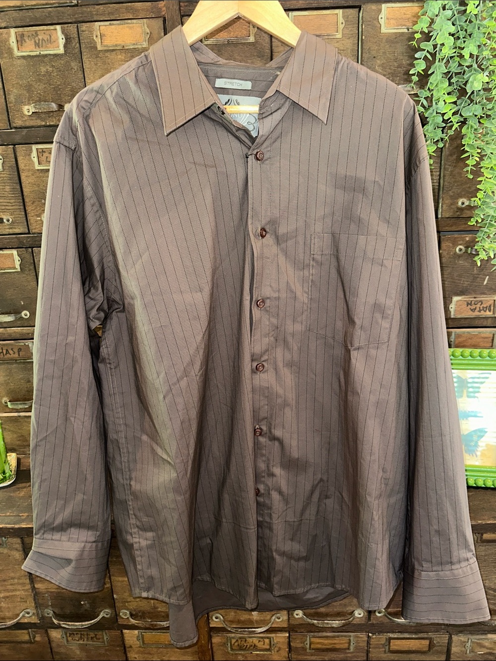Men's Brown Pinstripe Long-Sleeve Dress Shirt